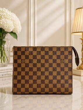 Authentic Louis Vuitton Damier Ebene Poche Toilette 26 Cosmetic Pouch Clutch Bag